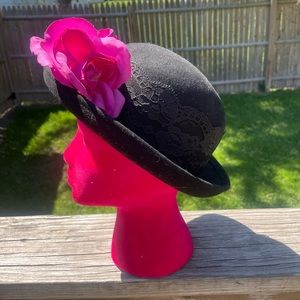 Vintage Derby Wool Floral Hat Black and Pink